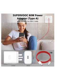 For OPPO SUPERVOOC Charger 80W, USB Plug Power Adapter Vooc Fast Charger Wall Charger With USB A to USB C Charging Cable 1M for Oppo Find X8 X7 X6 X5 Pro 5G X2 X3 Reno 13 12 F 11 Pro 10 8 A79 A78 A98 A58 A38 A60