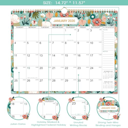Coboll Calendar 2026, 12 Months Wall Calendar from January 2026 to December 2026, 14.8" x 11.4" Monthly Wall Calendar with Julian Date, 2026 Calendar with Thick Paper - Image 2