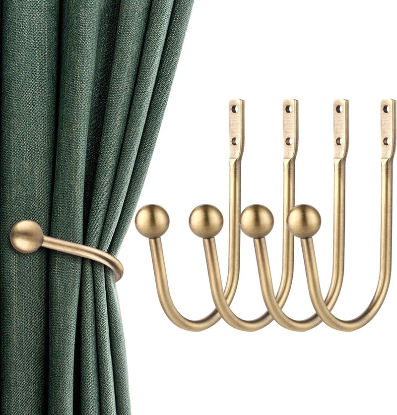 gobutend Curtain Holdbacks, 4 pcs Curtains Holder Wall Mounted Drapery Tiebacks Retro Window Hook for Home Decor, Antique Brass - Image 1