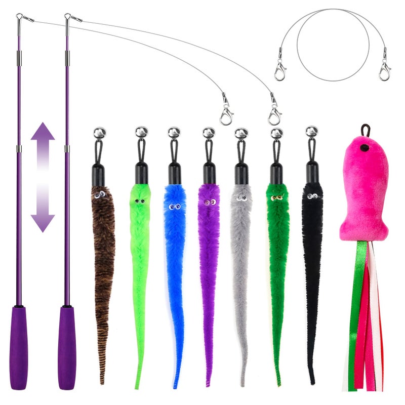 ZeyZoo Cat Toys for Indoor Cats 11PCS Interactive Cat Toy Wand Pack 2 Retractable Cat Wand 7PCS Worm Teaser Refills Plush Fish Kitten Toys Cat Feather Fishing Pole Toy for Play Chase Exercise - Image 2