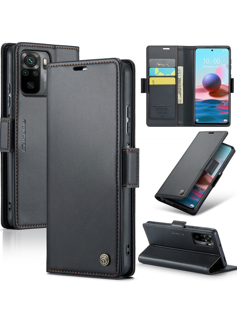 Xiaomi Redmi Note 10 (4G)\/Redmi Note 10S RFID Blocking Leather Case - Slim Shockproof Folio Wallet Cover with Kickstand, Cash Slot, Magnetic Closure - Black - Image 1