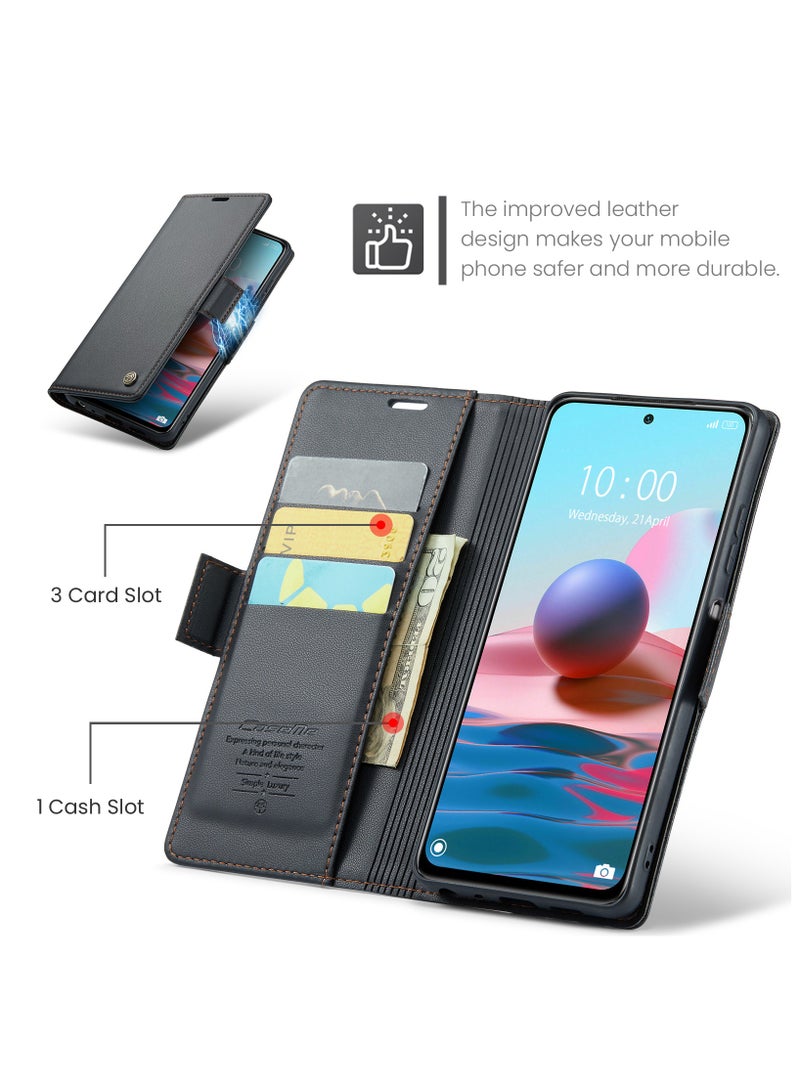 Xiaomi Redmi Note 10 (4G)\/Redmi Note 10S RFID Blocking Leather Case - Slim Shockproof Folio Wallet Cover with Kickstand, Cash Slot, Magnetic Closure - Black - Image 2