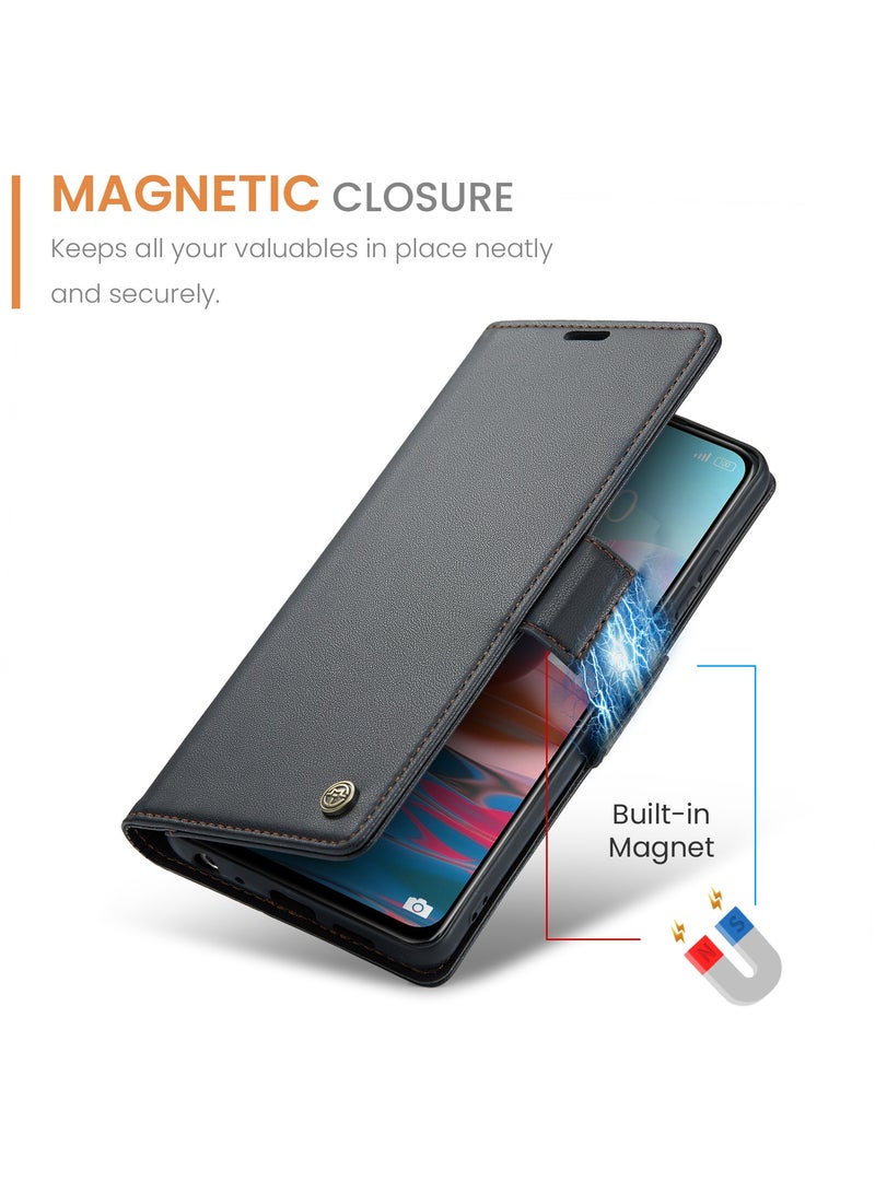 Xiaomi Redmi Note 10 (4G)\/Redmi Note 10S RFID Blocking Leather Case - Slim Shockproof Folio Wallet Cover with Kickstand, Cash Slot, Magnetic Closure - Black - Image 3