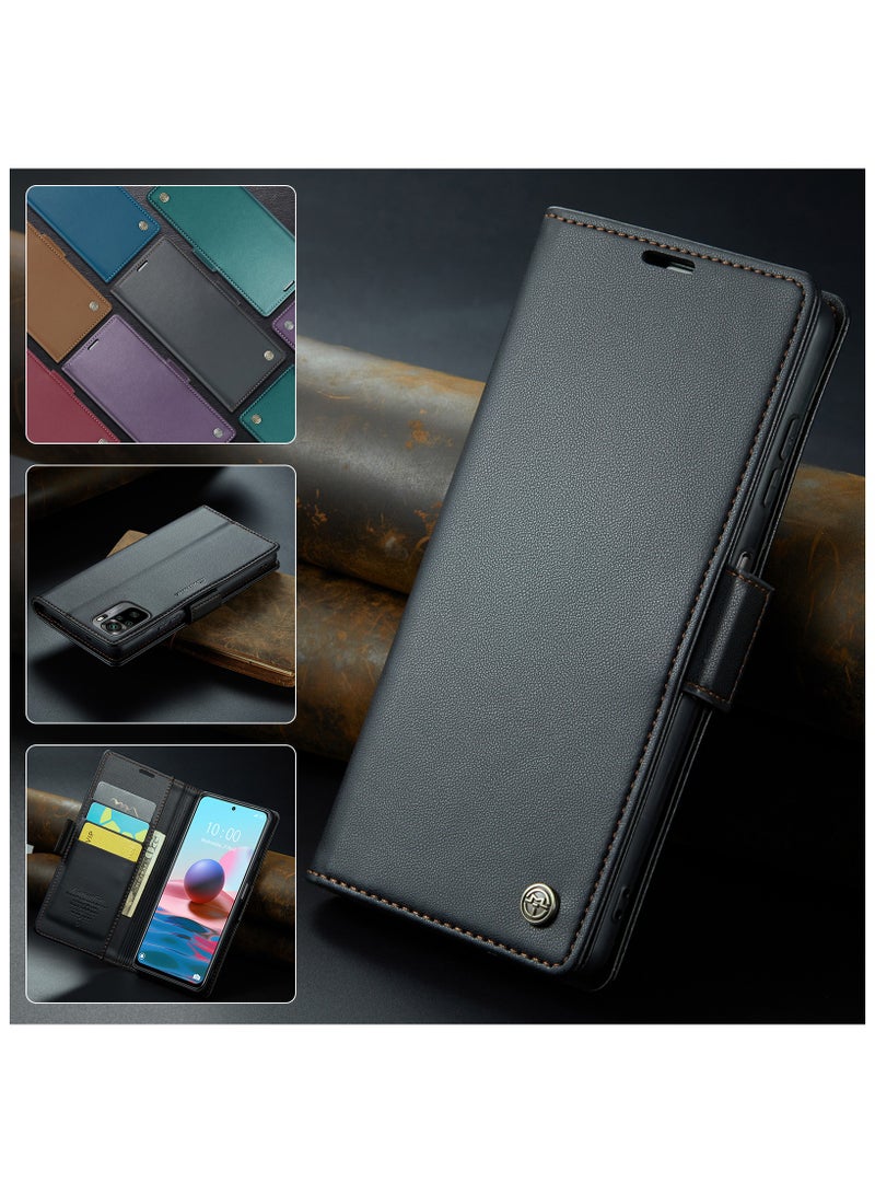 Xiaomi Redmi Note 10 (4G)\/Redmi Note 10S RFID Blocking Leather Case - Slim Shockproof Folio Wallet Cover with Kickstand, Cash Slot, Magnetic Closure - Black - Image 4