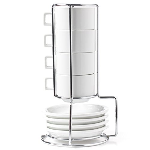 Huji Stack-able Porcelain 3.2 OZ Espresso Turkish Coffee Cups and Saucer Set with Chrome Rack (9 Piece Set) (1) - Image 1