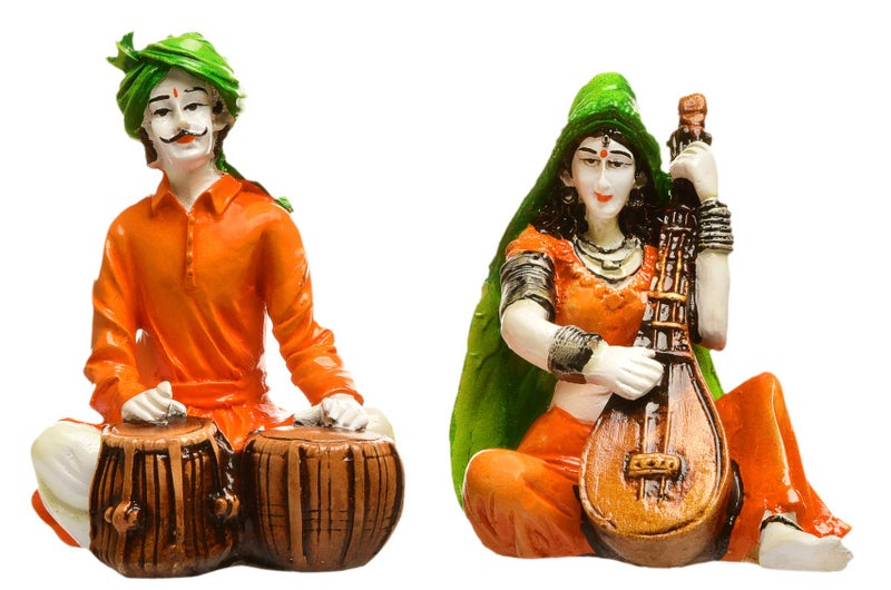 Karigaari India Handcrafted Traditions of Rajasthani Lady and Man Playing Tabla & Veena Polyresine Showpiece for Home Decor. - Image 2