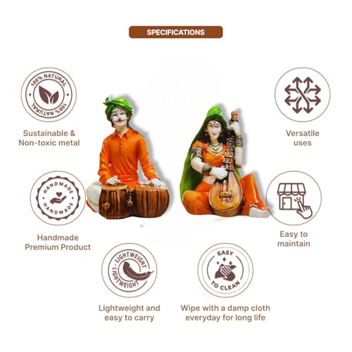 Karigaari India Handcrafted Traditions of Rajasthani Lady and Man Playing Tabla & Veena Polyresine Showpiece for Home Decor. - Image 5