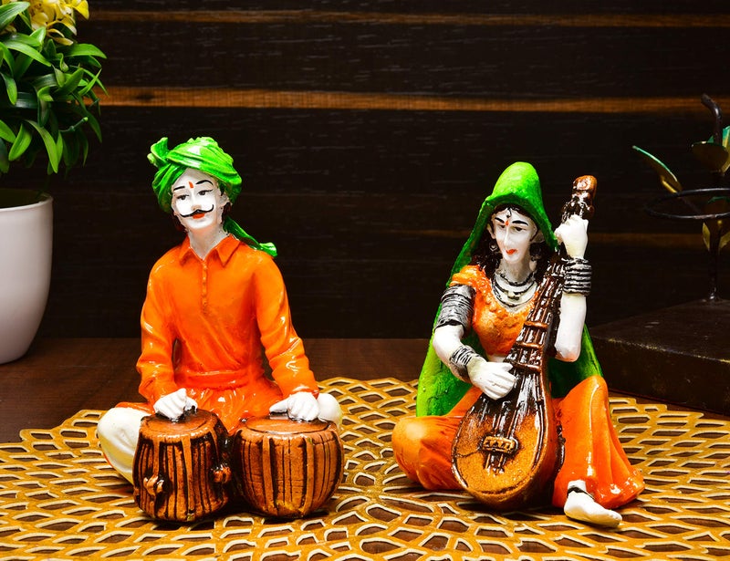 Karigaari India Handcrafted Traditions of Rajasthani Lady and Man Playing Tabla & Veena Polyresine Showpiece for Home Decor. - Image 1