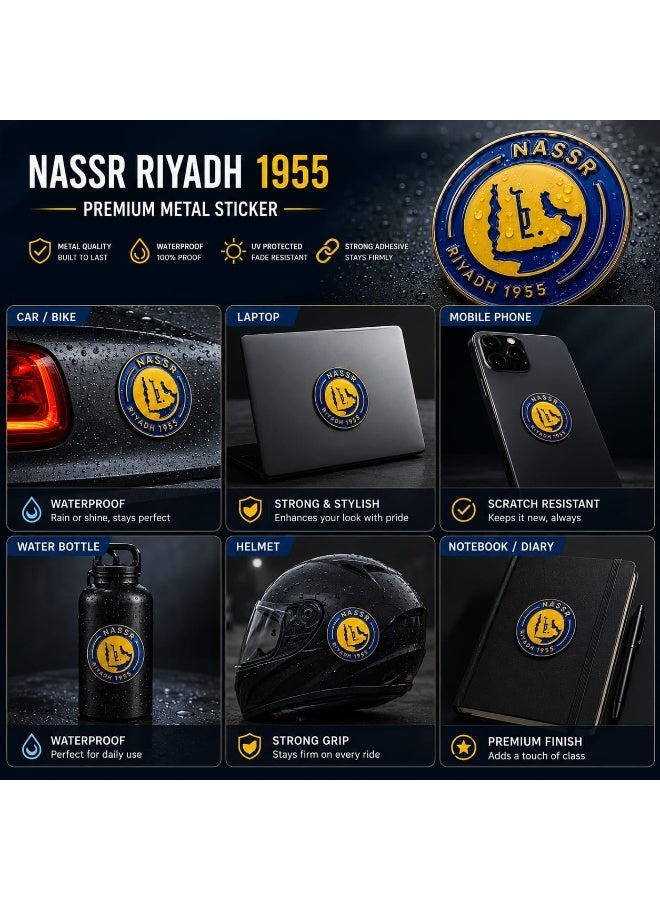 Al Nassr FC Metal Sticker Set 2 Pieces – Bold Blue & Yellow Riyadh 1955 Emblem – Durable Gloss Finish for Phone, Laptop, Notebook, Water Bottle – Fan Collectible Gift for Saudi Football Supporters - Image 5