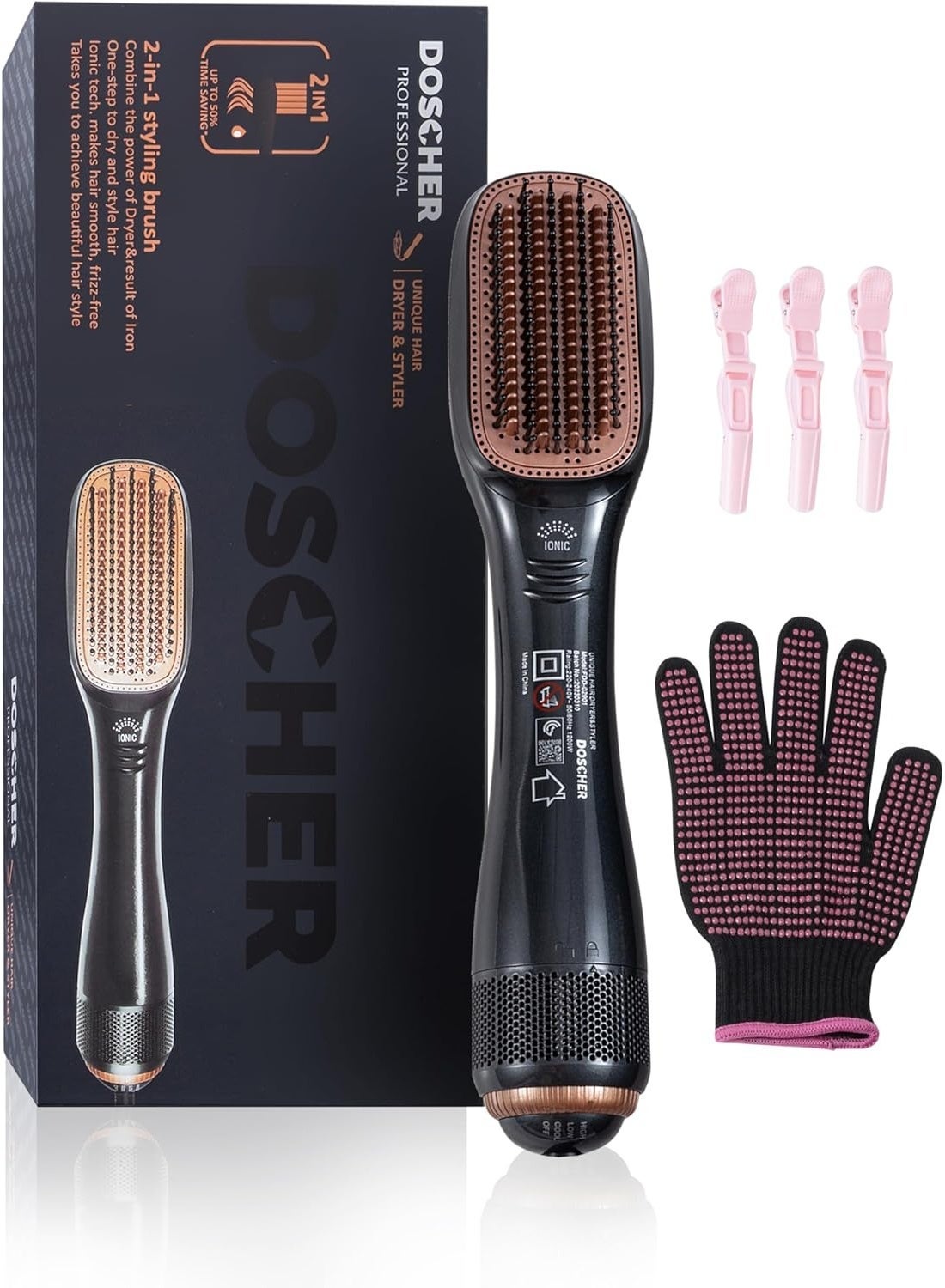 DOSCHER 3 in 1 Hair Dryer Brush & Straightener Brush, Professional 1200W Powerful Ceramic Dryer, One-Step Hair Dryer and Styler for All Hair Types