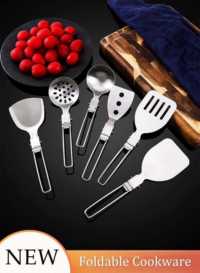 DUNISO مجموعة مكونة من 6 قطع من ملعقة الفولاذ المقاوم للصدأ القابلة للطي خفيفة الوزن لأدوات المطبخ في التخييم والسفر المحمولة - Image 1