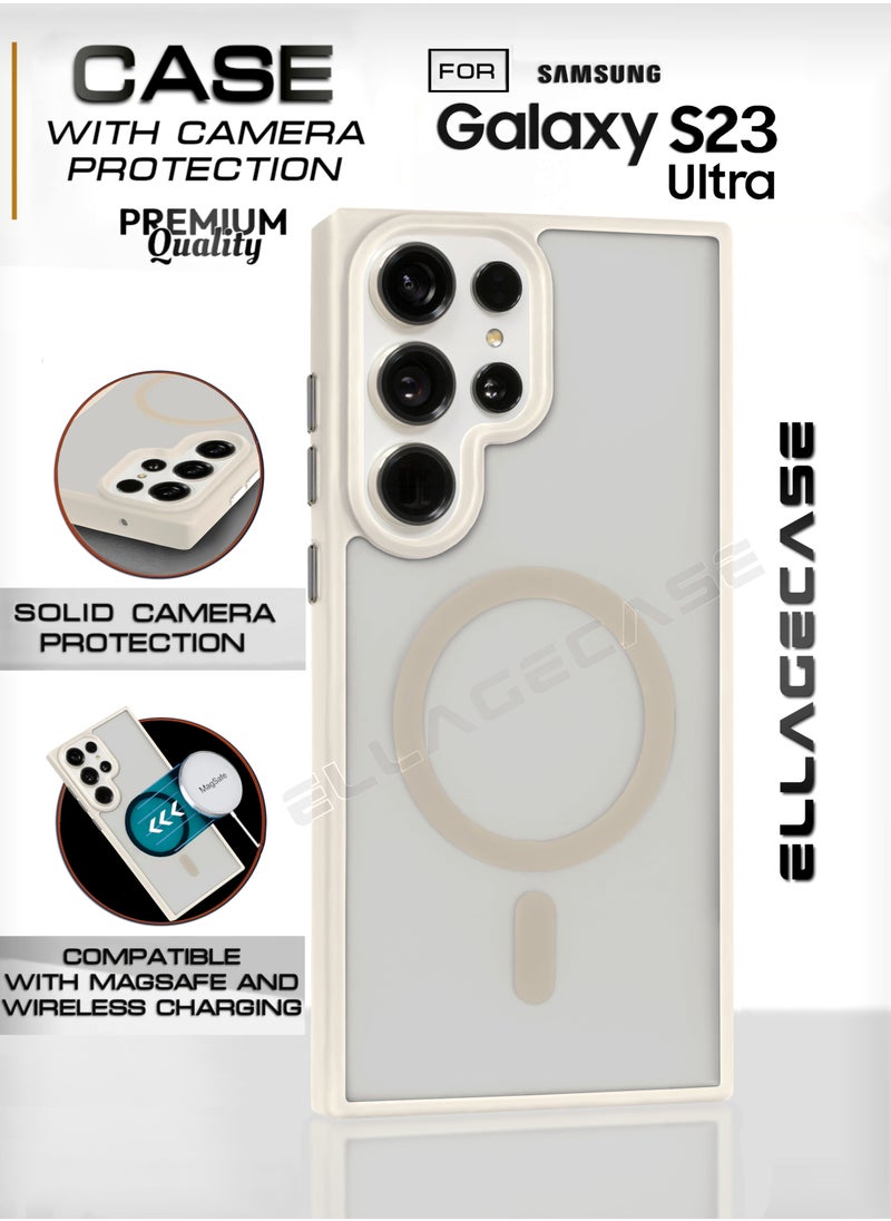 White Stylish Case for Samsung Galaxy S23 Ultra, Solid Camera Protection, Shockproof, Enhanced Protection, Compatible with MagSafe and Wireless Charging