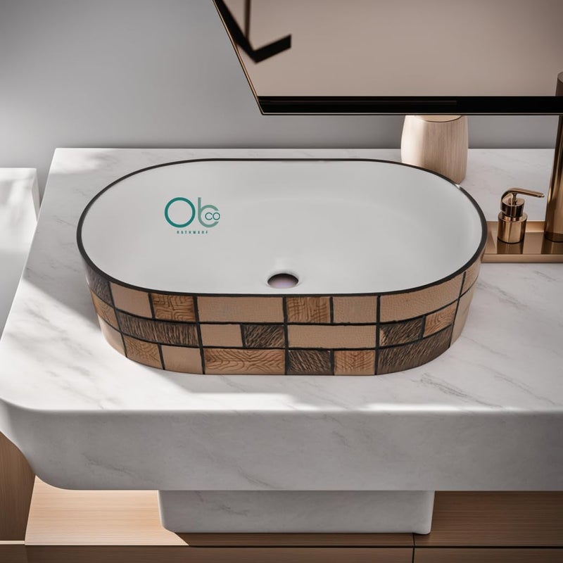 OBCO OBCO Ceramic Tabletop Wash Basin Countertop Basin 21X13X5 Inch Vessel Sink Bathroom Basin White Brown Marble Basin Glossy Finish OBCO87 - Image 2