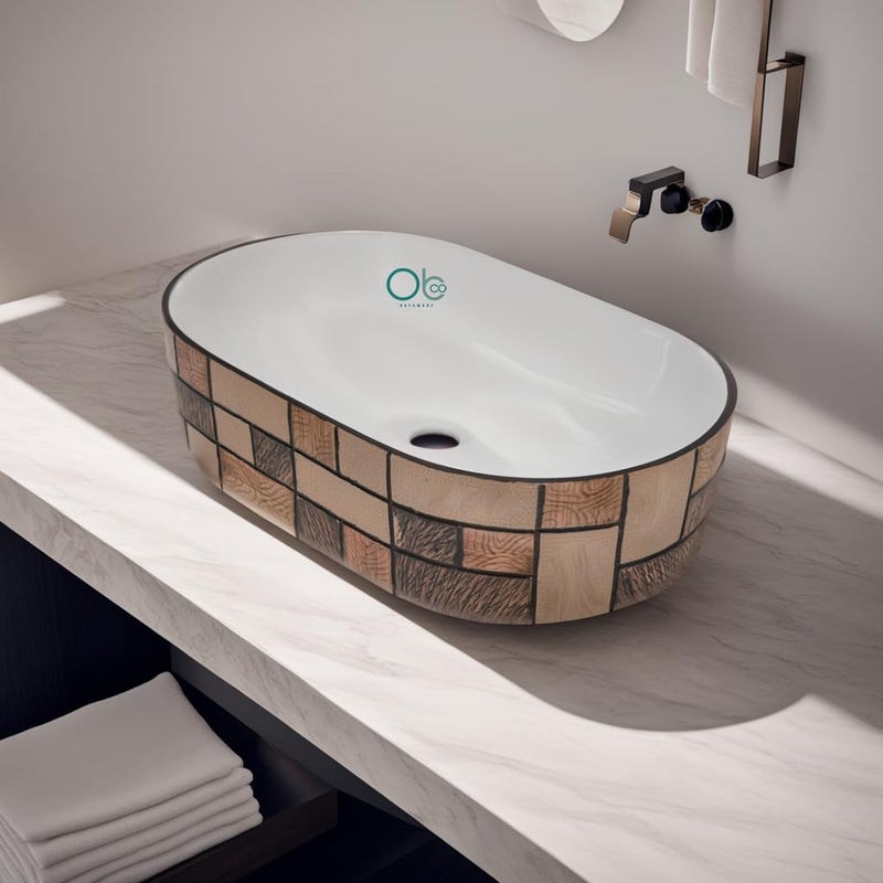OBCO OBCO Ceramic Tabletop Wash Basin Countertop Basin 21X13X5 Inch Vessel Sink Bathroom Basin White Brown Marble Basin Glossy Finish OBCO87 - Image 1