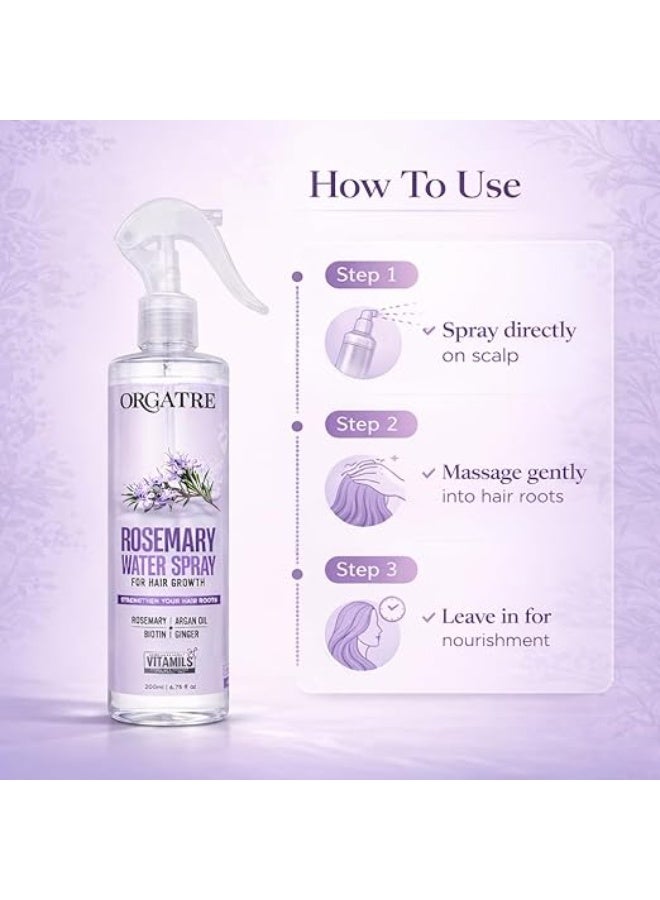 ORGATRE Rosemary Water Hair Growth Spray with Biotin, Argan Oil & Ginger | Strengthens Hair Roots, Helps Reduce Hair Fall, Nourishes Scalp | Leave-In Scalp Care for Men & Women | 200 ml - Image 2