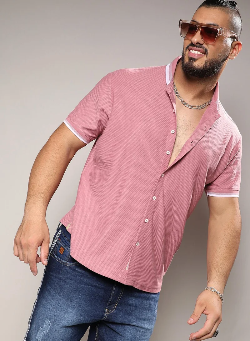 Instafab Plus Men's Coral Pink Honeycomb Knit Shirt For Casual Wear | Spread Collar | Short Sleeve | Button Closure | Cotton Shirt Crafted With Comfort Fit For Everyday Wear