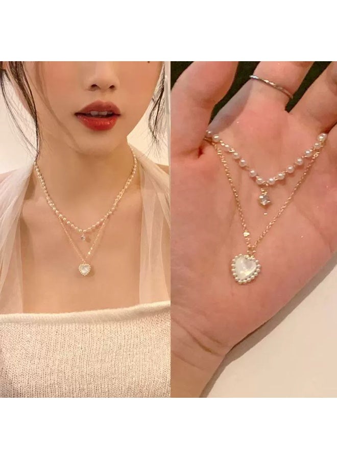 Goolsky Double Layer Heart Pearl Necklace – Women's Elegant Chic Clavicle Chain Choker, Double-Layer Heart & Pearls, Daily Wear/Romantic Gift/Weddings, Feminine Elegance - Image 1