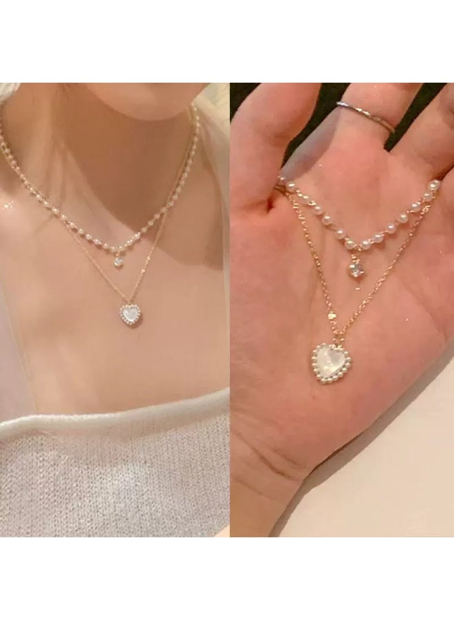 Goolsky Double Layer Heart Pearl Necklace – Women's Elegant Chic Clavicle Chain Choker, Double-Layer Heart & Pearls, Daily Wear/Romantic Gift/Weddings, Feminine Elegance - Image 4