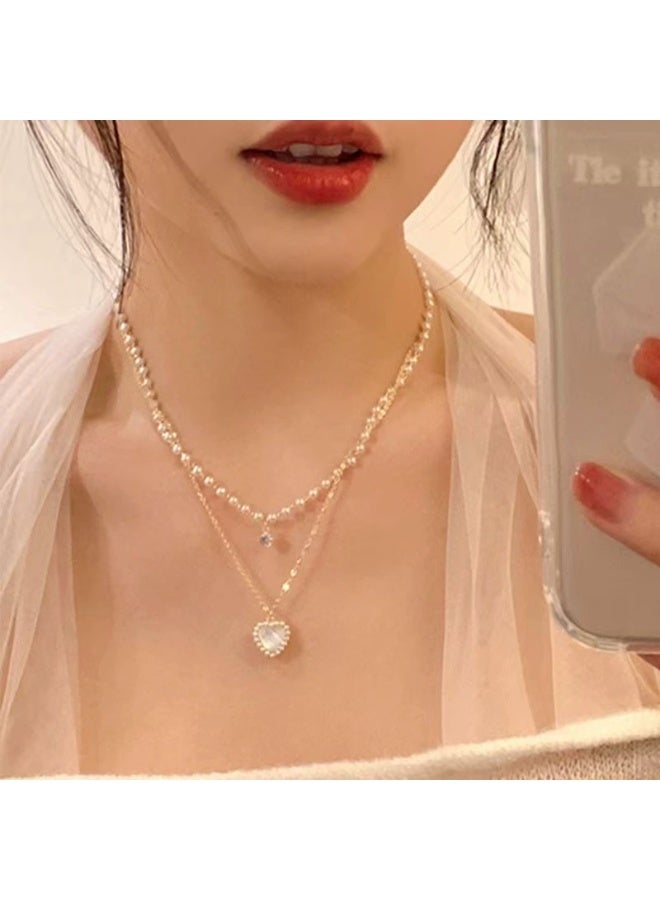Goolsky Double Layer Heart Pearl Necklace – Women's Elegant Chic Clavicle Chain Choker, Double-Layer Heart & Pearls, Daily Wear/Romantic Gift/Weddings, Feminine Elegance - Image 3