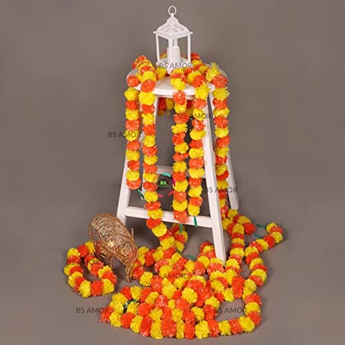BS AMOR Handmade Decorative Marigold Fluffy Artificial Garland, Size 60x2.5 inches Used for Home/Office Decoration,Pack of 10,Orange Yellow,(Red Yellow) - Image 3