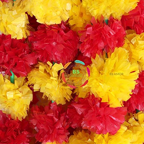 BS AMOR Handmade Decorative Marigold Fluffy Artificial Garland, Size 60x2.5 inches Used for Home/Office Decoration,Pack of 10,Orange Yellow,(Red Yellow) - Image 4
