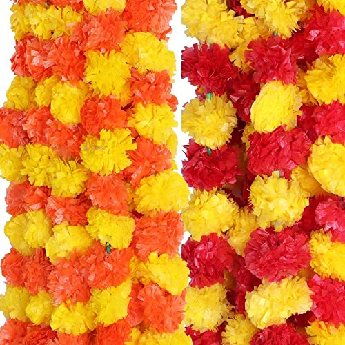 BS AMOR Handmade Decorative Marigold Fluffy Artificial Garland, Size 60x2.5 inches Used for Home/Office Decoration,Pack of 10,Orange Yellow,(Red Yellow) - Image 1