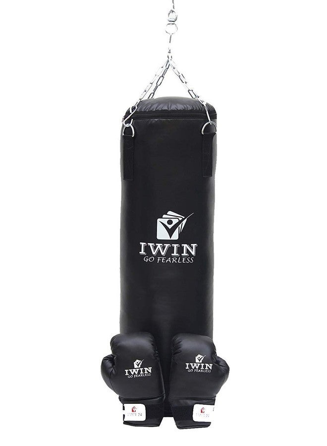 IWIN IW-214 Synthetic Leather Unfilled Punching Bag Combo with Chain and 12 Oz Boxing Gloves, 60 inch-5ft (Black) - Image 1