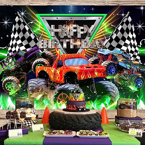 Newsely Truck Themed Backdrop 7Wx5H Photography Monster Happy Birthday Party Supplies Jam Burning Flame Car Grave Digger Boys Kids Background Cool Unique Party Decorations Banner Photo Booth Props - Image 2