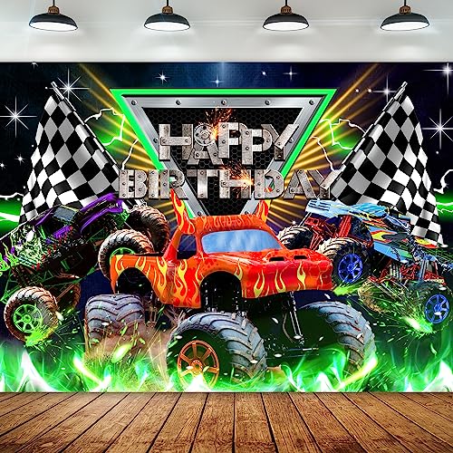 Newsely Truck Themed Backdrop 7Wx5H Photography Monster Happy Birthday Party Supplies Jam Burning Flame Car Grave Digger Boys Kids Background Cool Unique Party Decorations Banner Photo Booth Props - Image 1