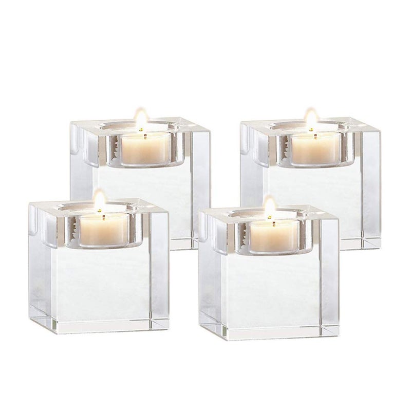 Odowalker 4 Pcs Clear Crystal Candle Holders, 2Ã—2Ã—1.6 inch Square Tealight Candle Holders Solid Square Tea Light Holders for Table Centerpiece Wedding Decor and Dinner Party Home Decor Candlelight - Image 1