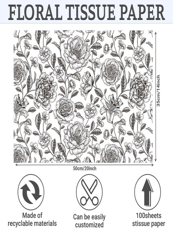 Sanixin 100Sheets Vintage Floral Tissue Paper for Gift Wrapping Retro Spring Flowers Tissue Paper for Gift Bags for Bridal Shower Birthday Party Wedding DIY Craft Supplies, 20 × 14 Inches (Black) - Image 2