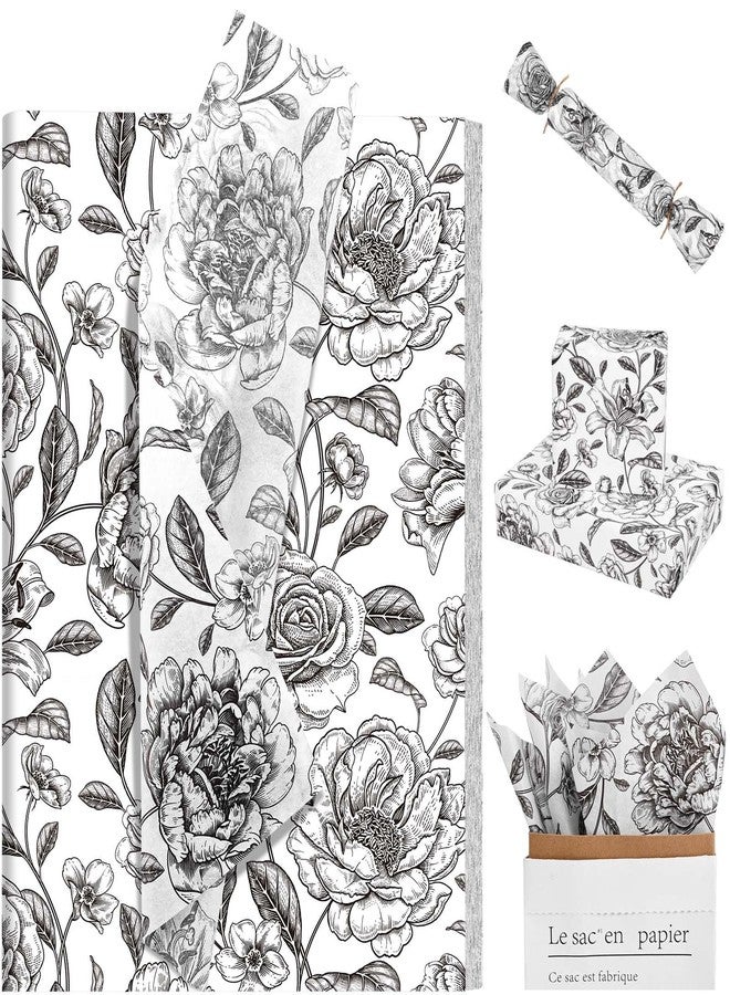 Sanixin 100Sheets Vintage Floral Tissue Paper for Gift Wrapping Retro Spring Flowers Tissue Paper for Gift Bags for Bridal Shower Birthday Party Wedding DIY Craft Supplies, 20 × 14 Inches (Black) - Image 1