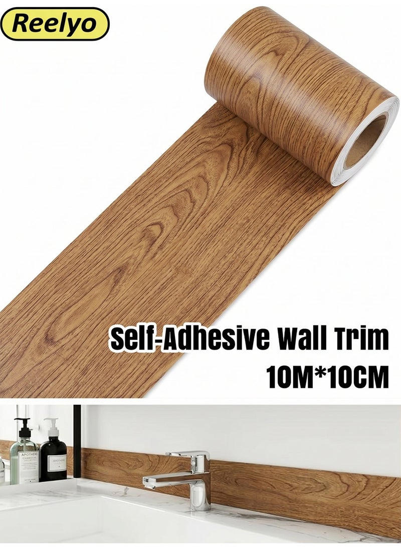 Reelyo Self-Adhesive Brown Wood Grain Wall Trim 10m x 10cm Thick Skirting Line Border Sticker for Living Room Mirror Frame Cabinet Edges Tiles Home Decor - Image 1