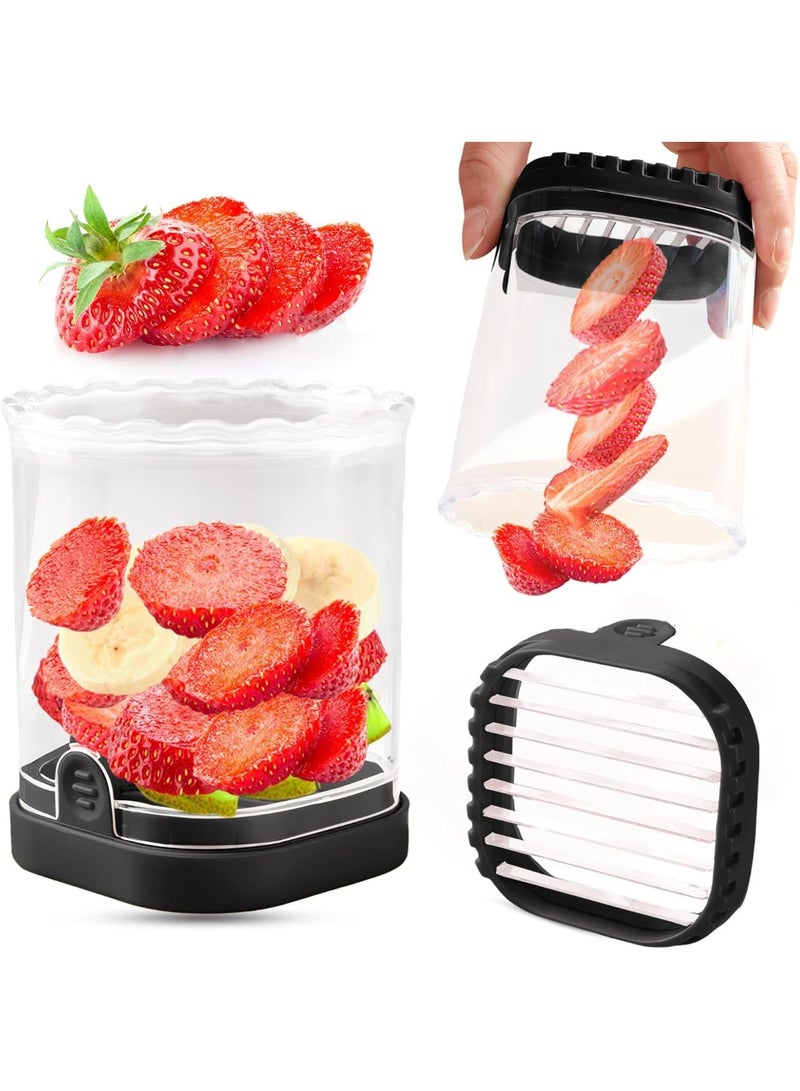HOMESTAR Stainless Steel Slicer, Fruit Slicer Cup Strawberry Slicer Banana Slicer Grape Knife Egg Slicer, Removable Fruit Slicer With Pusher Tray, Creative Strawberry Slicer Kitchen Gadget, Black, 3.54x4.33inch - Image 1