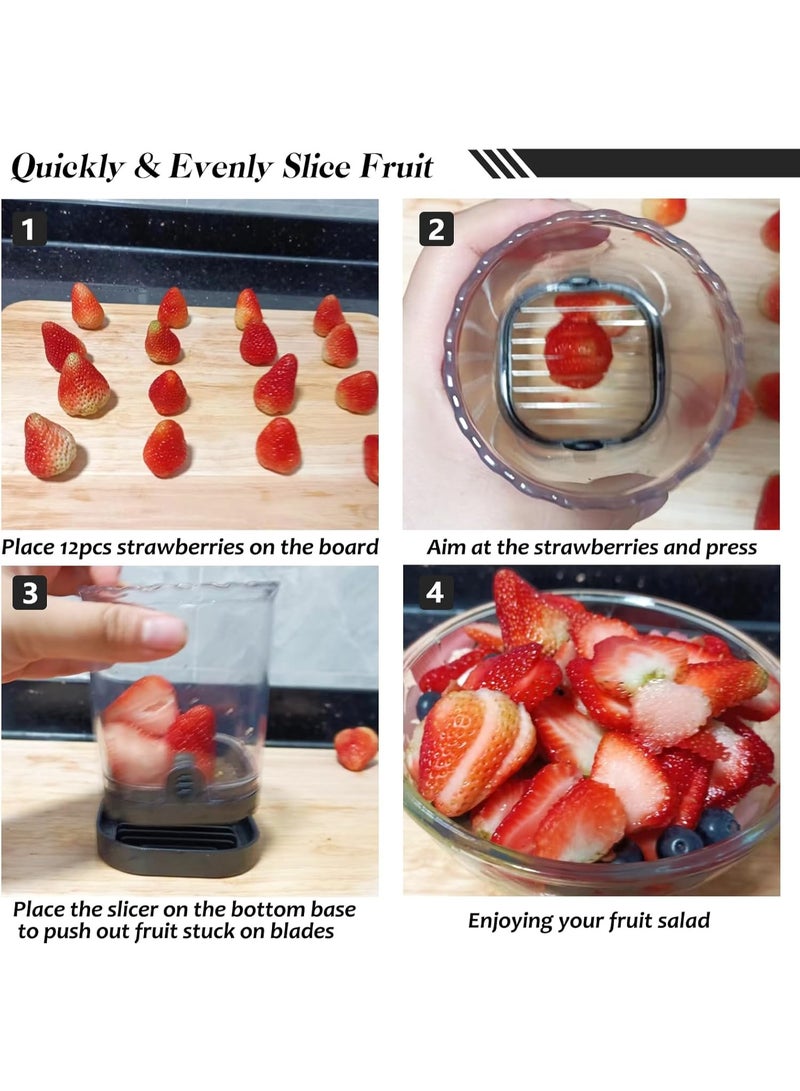 HOMESTAR Stainless Steel Slicer, Fruit Slicer Cup Strawberry Slicer Banana Slicer Grape Knife Egg Slicer, Removable Fruit Slicer With Pusher Tray, Creative Strawberry Slicer Kitchen Gadget, Black, 3.54x4.33inch - Image 4
