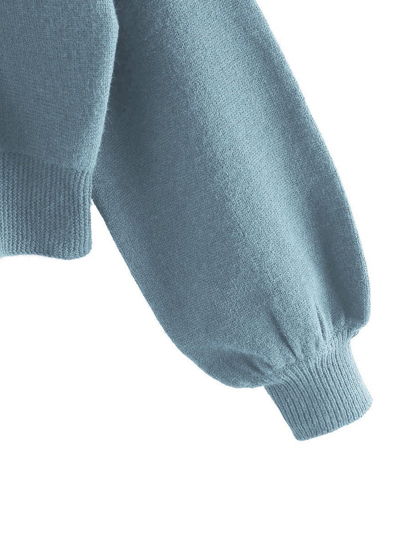 ZAFUL Women's Cropped Sweater V-Neck Long Sleeve Crop Sweater Pullover Jumper Knit Top (1-Cement Blue, M) - Image 5