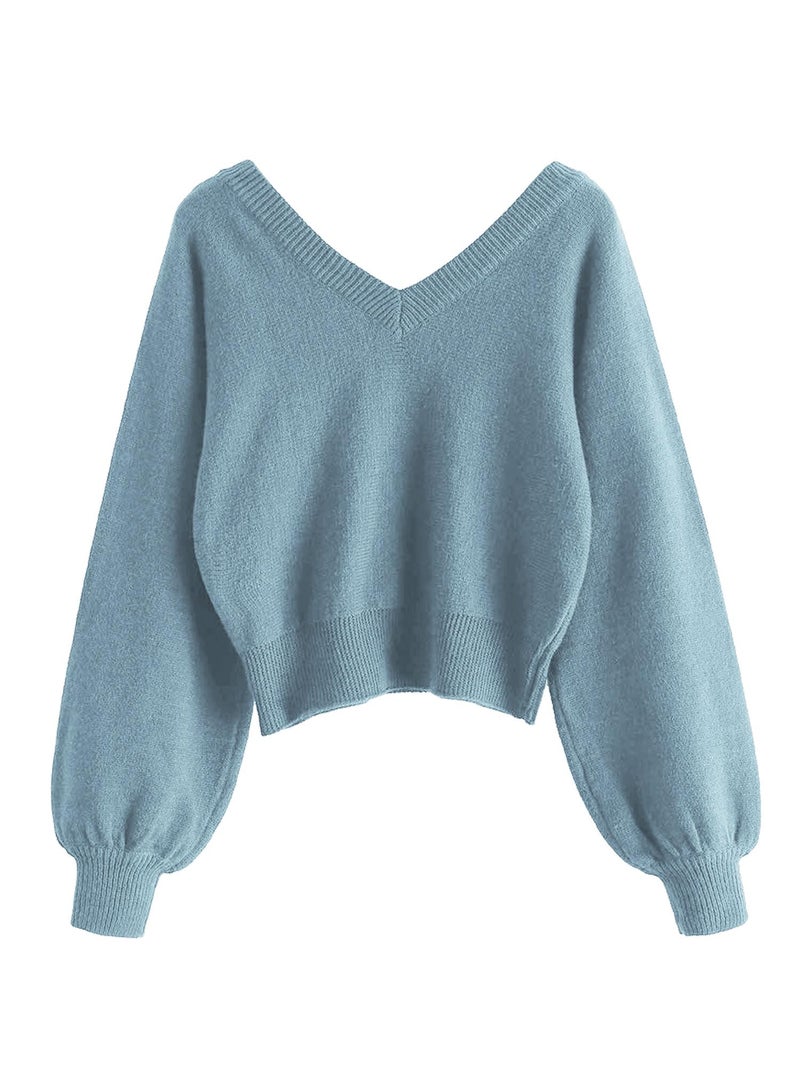 ZAFUL Women's Cropped Sweater V-Neck Long Sleeve Crop Sweater Pullover Jumper Knit Top (1-Cement Blue, M) - Image 3