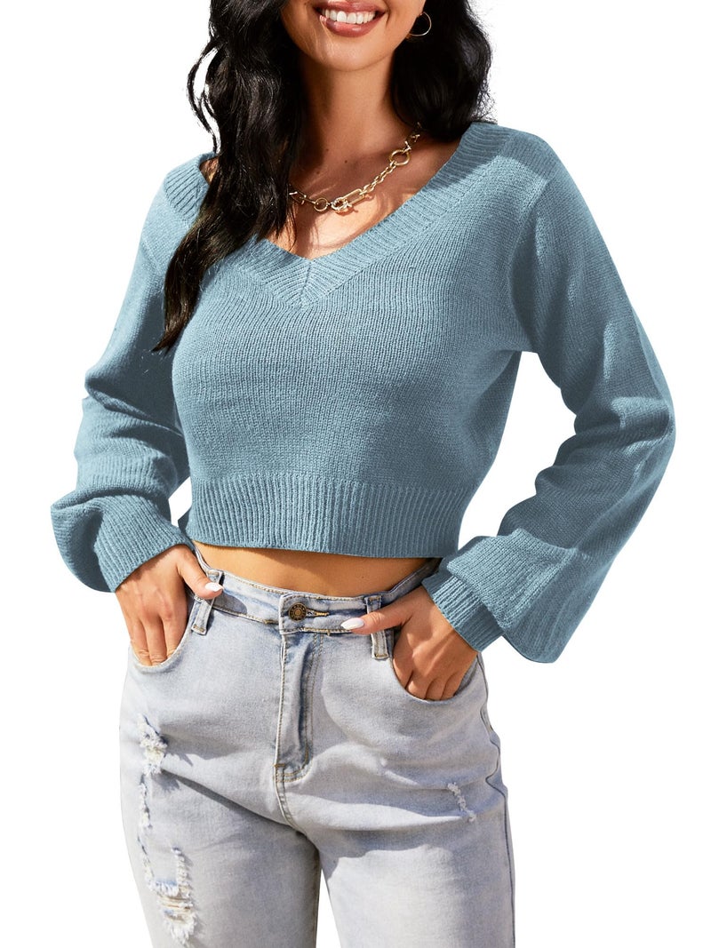 ZAFUL Women's Cropped Sweater V-Neck Long Sleeve Crop Sweater Pullover Jumper Knit Top (1-Cement Blue, M) - Image 2