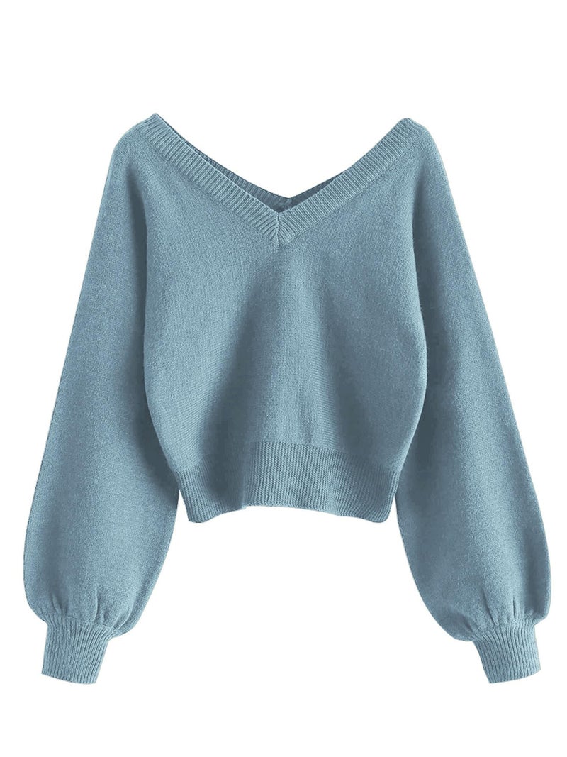 ZAFUL Women's Cropped Sweater V-Neck Long Sleeve Crop Sweater Pullover Jumper Knit Top (1-Cement Blue, M) - Image 1