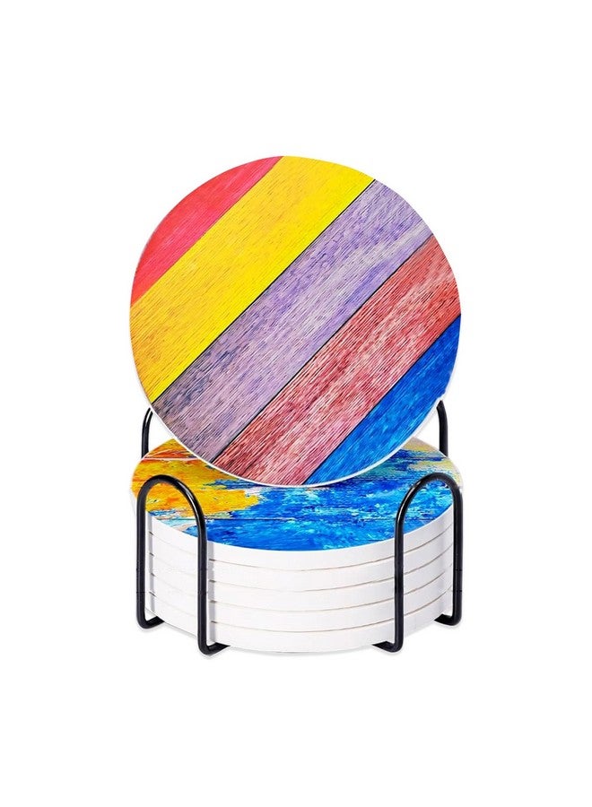 Homestic Homestic 6 Pcs Anti-Skid Tea Coaster with Holder - Round Coffee Cup & Water Glass Cover Top Lid for Teapoy & Center Table - Multicolor  - Image 1