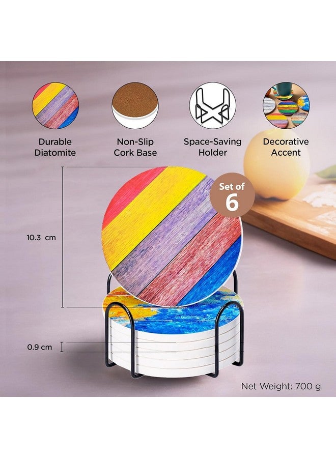 Homestic Homestic 6 Pcs Anti-Skid Tea Coaster with Holder - Round Coffee Cup & Water Glass Cover Top Lid for Teapoy & Center Table - Multicolor  - Image 3
