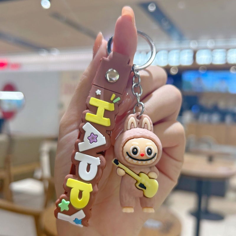 Labubu Cartoon Sheep Silicone Keychain Accessory Brown-guitar labub 