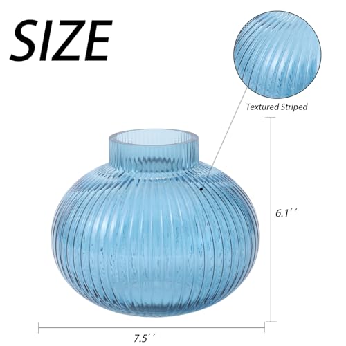 YANWE1 Blue Glass Vase for Tulips, Ribbed Glass Vase for Flowers, Round Flower Vases, Small Short Vases for Living Room, Office, Coffee Table, Shelf, Wedding, 6 Inches - Image 2