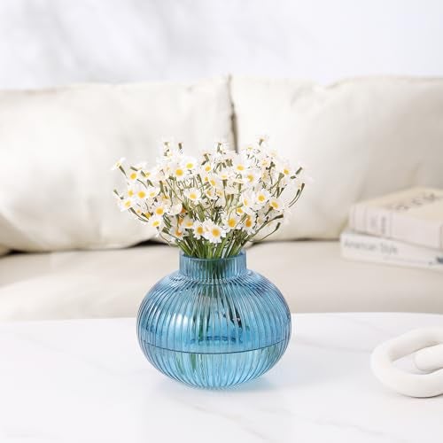 YANWE1 Blue Glass Vase for Tulips, Ribbed Glass Vase for Flowers, Round Flower Vases, Small Short Vases for Living Room, Office, Coffee Table, Shelf, Wedding, 6 Inches - Image 4