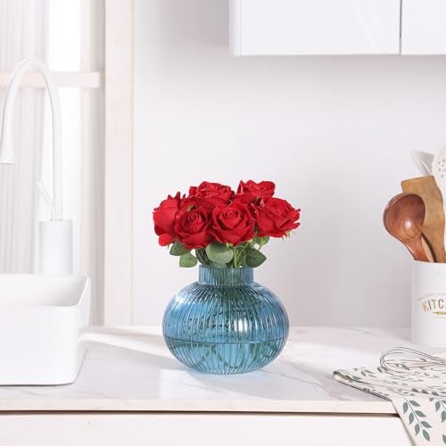 YANWE1 Blue Glass Vase for Tulips, Ribbed Glass Vase for Flowers, Round Flower Vases, Small Short Vases for Living Room, Office, Coffee Table, Shelf, Wedding, 6 Inches - Image 5