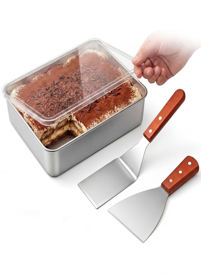 Blushtier 1 Set Tiramisu Pan with Lid, Stainless Steel Baking Dish with 2 Spatulas, Rectangle Dessert Pan for Tiramisu, Cheesecake and Mousse (11.2 x 8.9 x 2.6 in) - Image 1