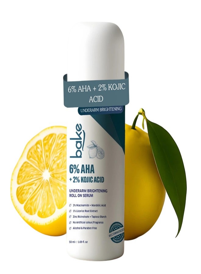 BAKE 6% AHA Underarm Roll On with 2% Kojic Acid, 3% Niacinamide | Brightening Underarm Roll On Serum | For Dark Underarms, Elbows, Knees, Odour & Sweat | Brightening & Exfoliating Serum for Dark Underarms | For Women & Men - 50ml - Image 1