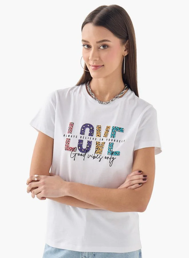 Splash FAV Typographic Print T-shirt with Short Sleeves and Crew Neck