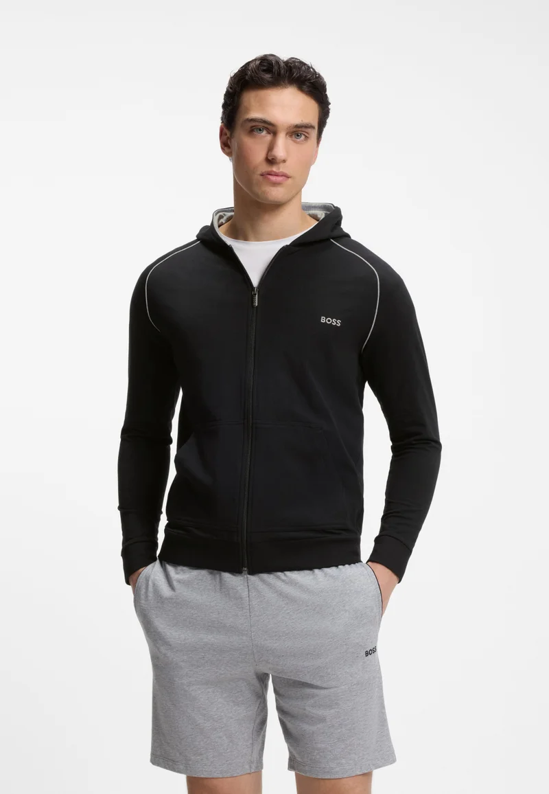 Zip-up hoodie in stretch cotton with contrast piping