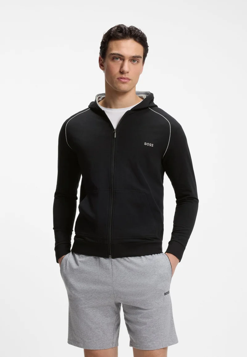 Zip-up hoodie in stretch cotton with contrast piping